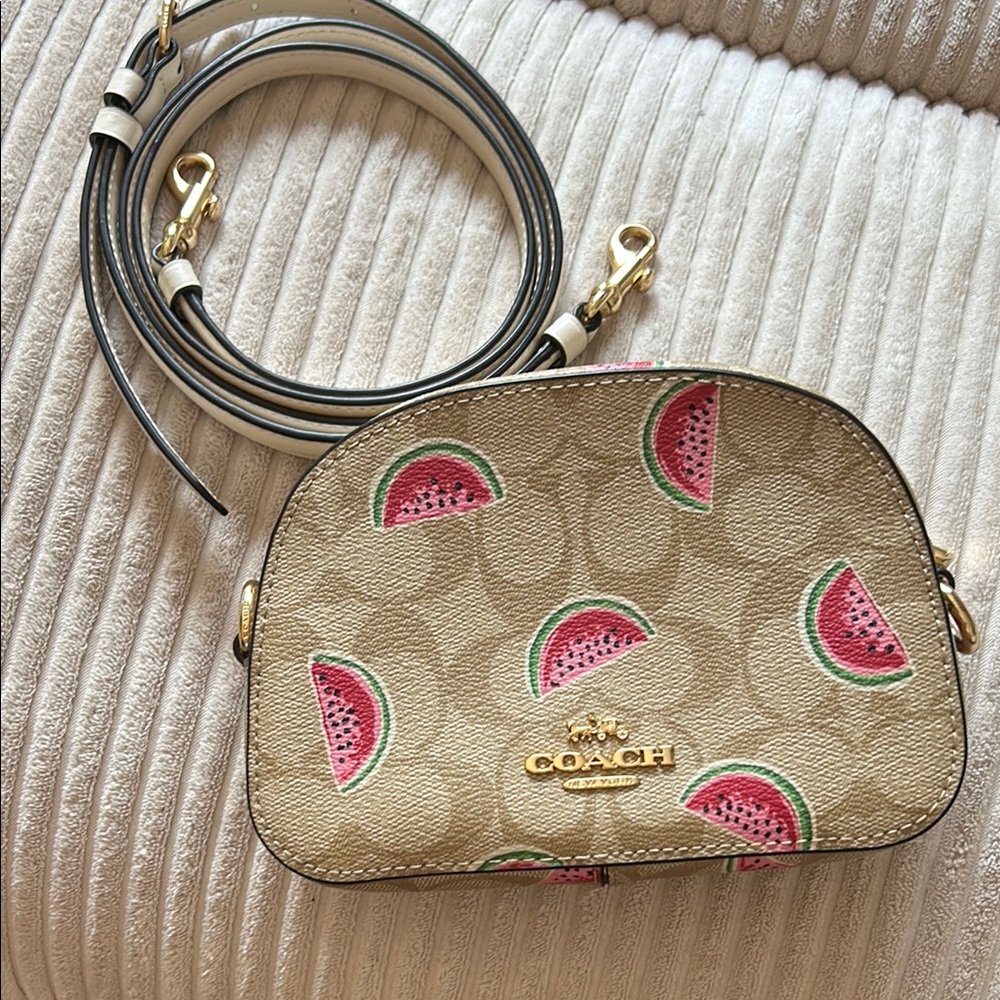 Coach Tan and Pink Crossbody Bag with Watermelon Accents